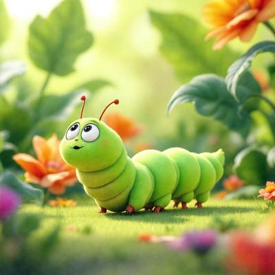 The primary subject of the image is a green caterpillar with red eyes, standing in a field of flowers. The setting is a lush green field with a variety of flowers, creating a vibrant and colorful background. The visual style of the image is a digital art or illustration, showcasing the caterpillar's unique features and the beautiful floral environment. The colors and mood of the image are predominantly green and bright, with the red eyes of the caterpillar